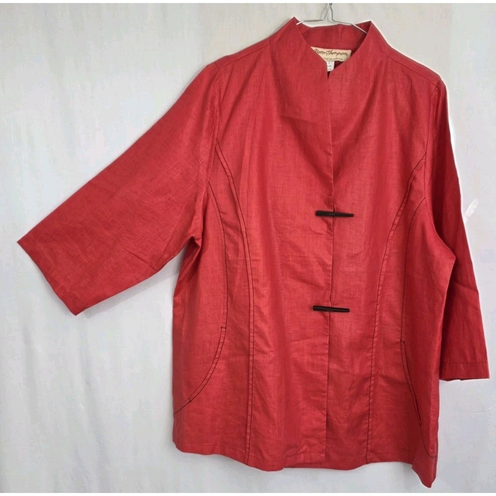 Norm Thompson Pink 100% Linen Shirt Jacket L Wooden Toggle Buttons Lagenlook